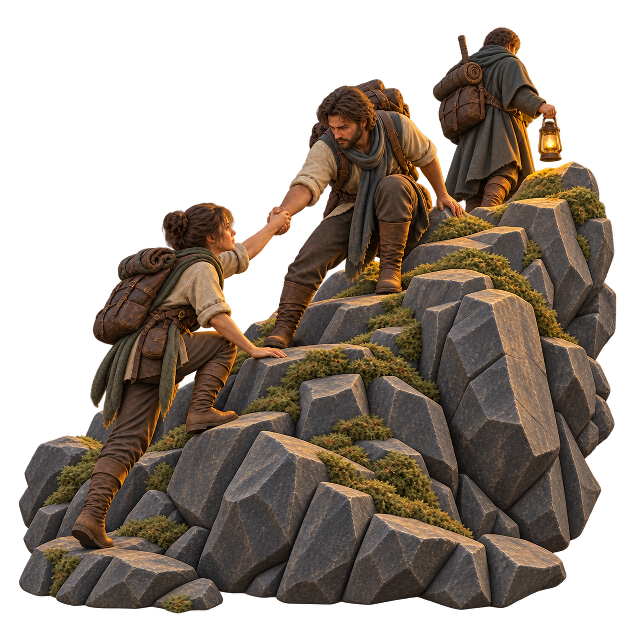 One traveler reaching down to help another up a rocky climb, rendered as a matte sculpture.